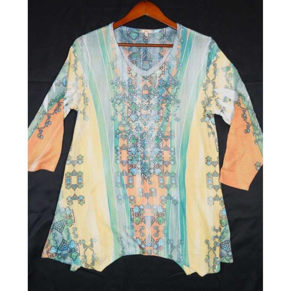 Reba Knit Tunic Women Large Multi Color Southwestern Rhinestone Sharkbite